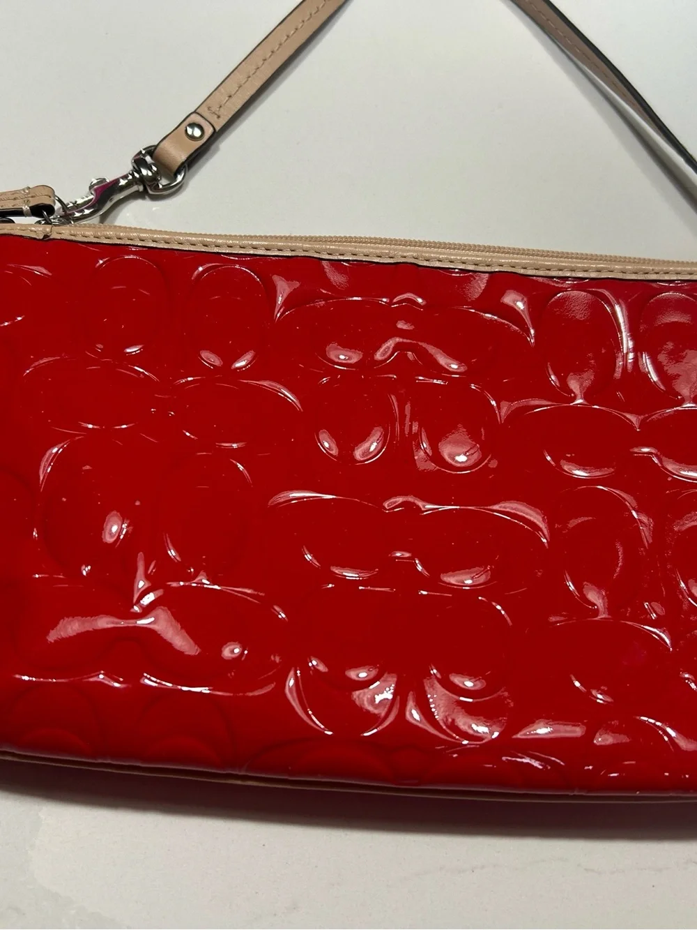 Coach Red Patent Wristlet with Beige Trim